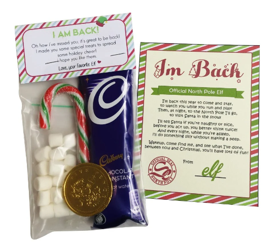 I'm Back! Elf Letter & Christmas Hot Chocolate Bag Set Elf Treat Bag 1st Dec