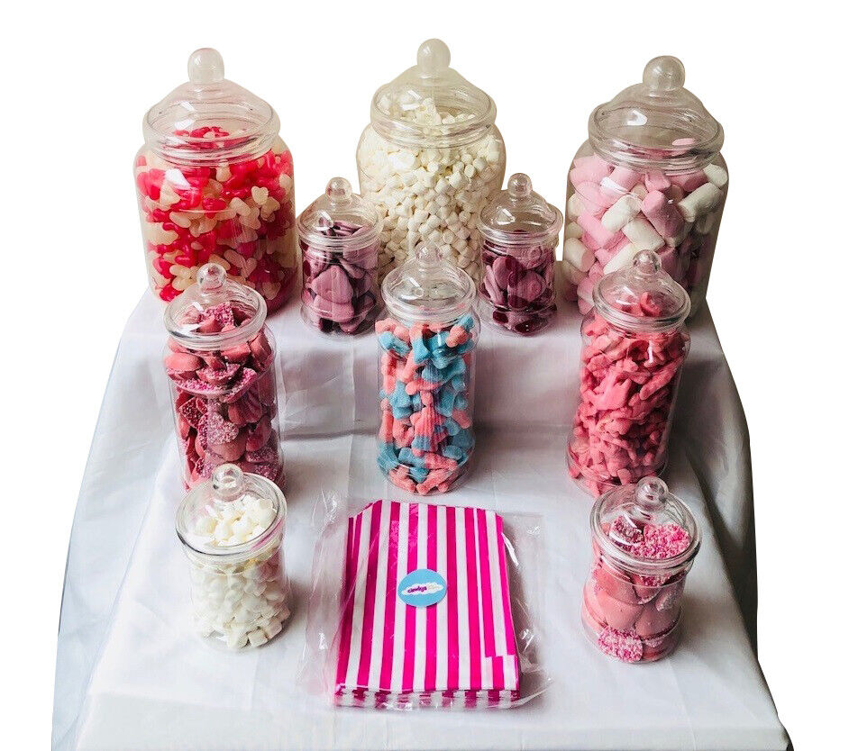 Empty Candy Buffet Party Clear Plastic Sweet Jar Bundle - 10 Jars & 50 Pink Sweet Bags