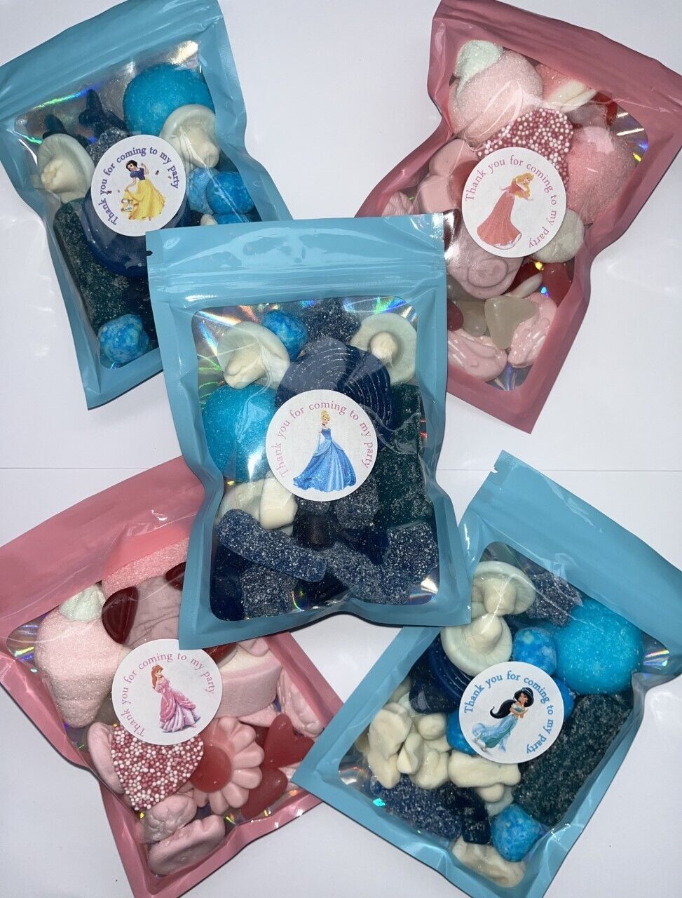 Set of 5 Princess Pink Blue Sweet Candy Pouch 100g Party Bag Favour Gift