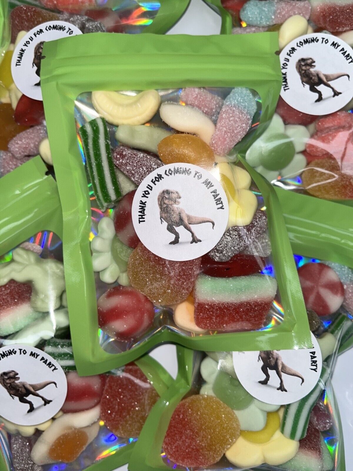 Green T Rex Dinosaur Birthday Gummy Jelly Sweet Pouch Party Bag Kids Pick n Mix