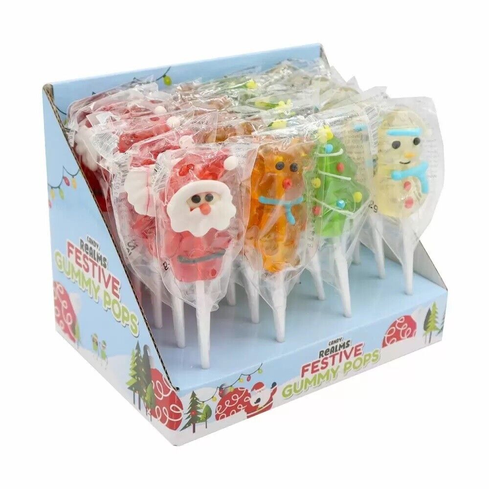 Candy Realms Festive Gummy Strawberry Lollipops Pops 22g 24 Box Stocking Filler