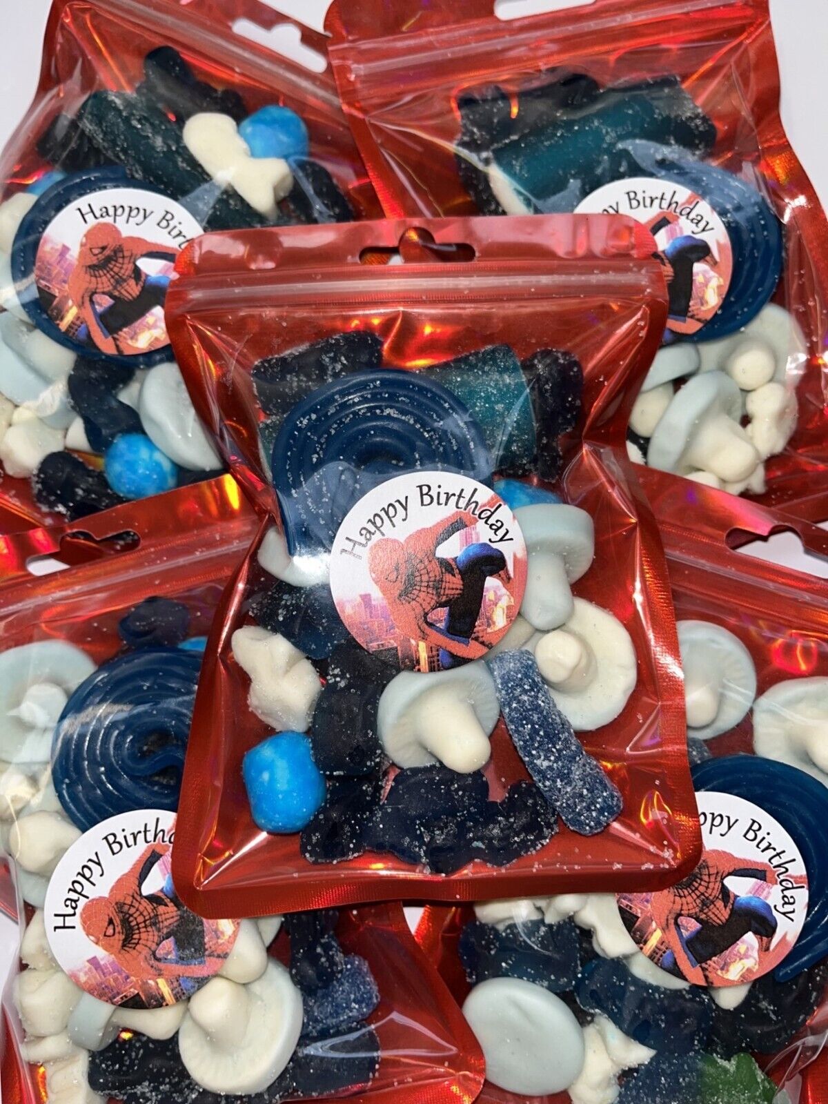 Spiderman Superhero Inspired Themed Birthday Gummy Jelly Sweet Pouch Mix Party Bag Kids Blue Pick Mix