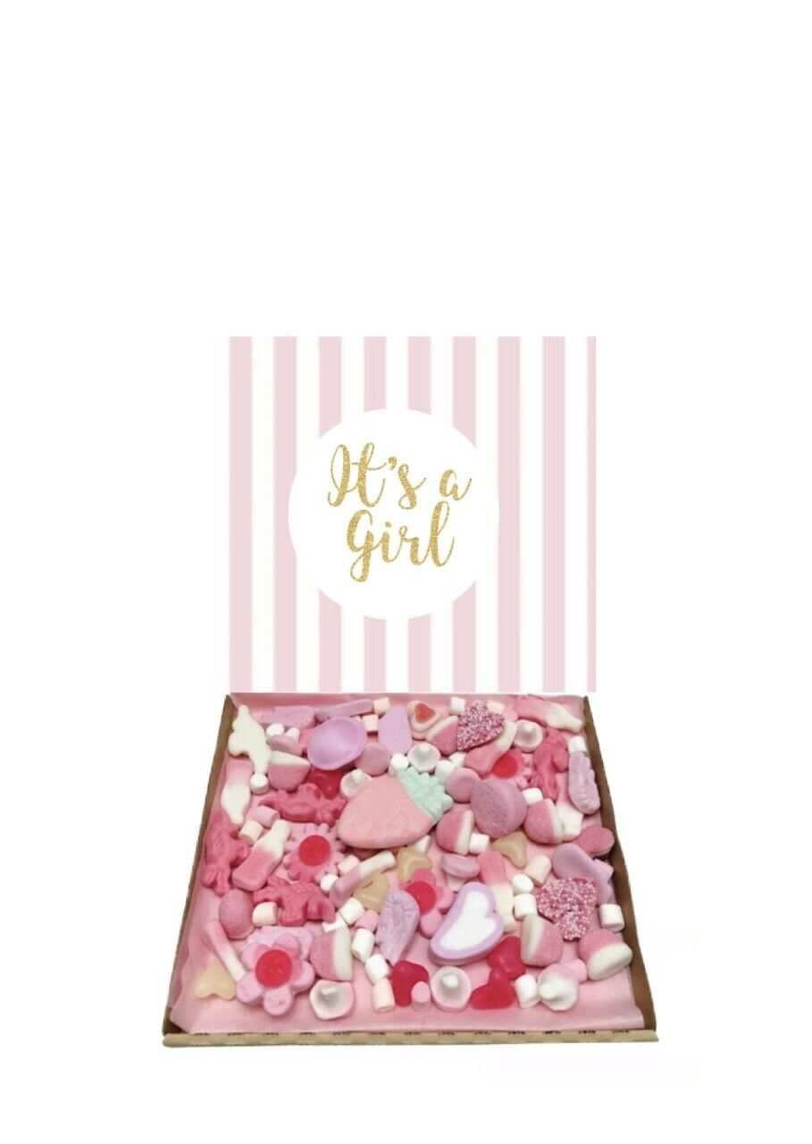 Made to order Baby shower Its A Girl Gift Pick n Mix 300g Pink Sweets Selection Box Hamper