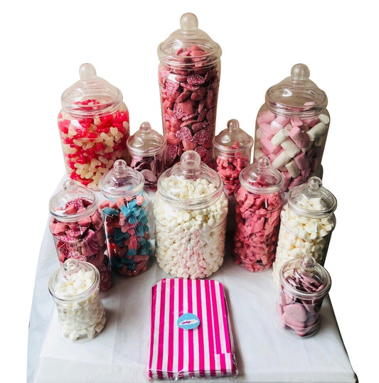 Empty Candy Buffet Party Clear Plastic Victorian Jar 12 Jars & 50 Pink Sweet Bags