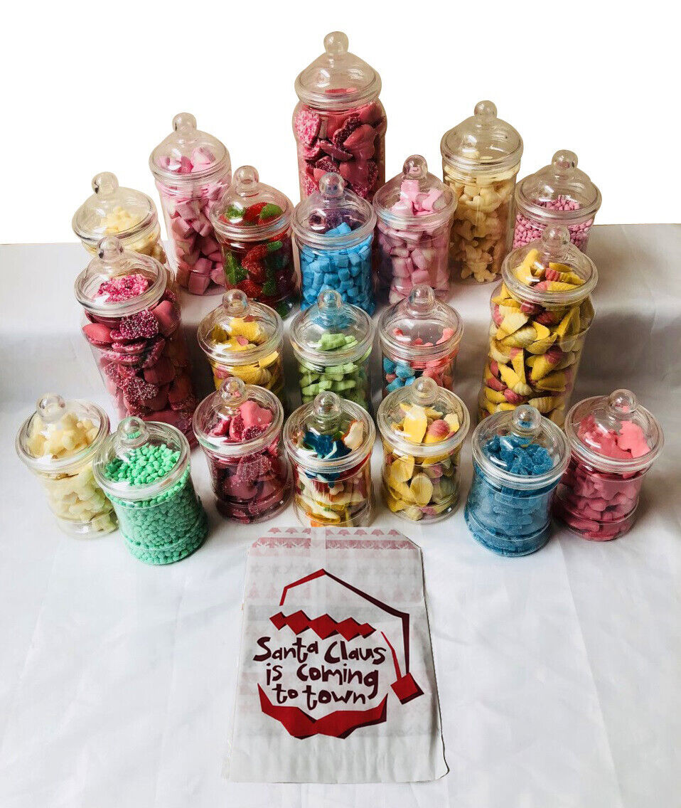 Empty Christmas Candy Buffet Party Plastic Sweet Jar Set - 20 Jars & 100 Santa Bags