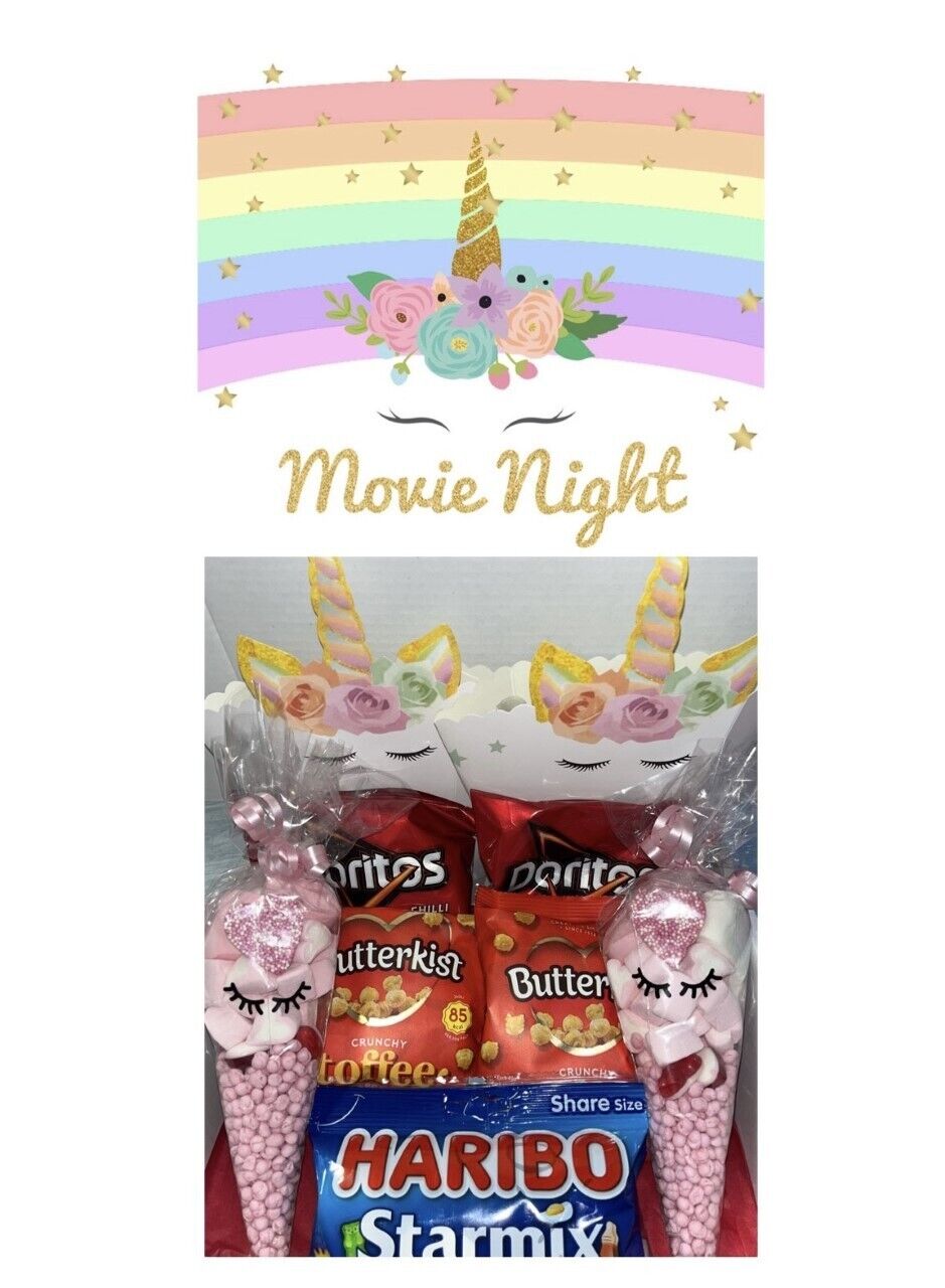 Movie Night Box For 2 Popcorn Sweets Unicorn Sweet Treat Cones Doritos Hamper