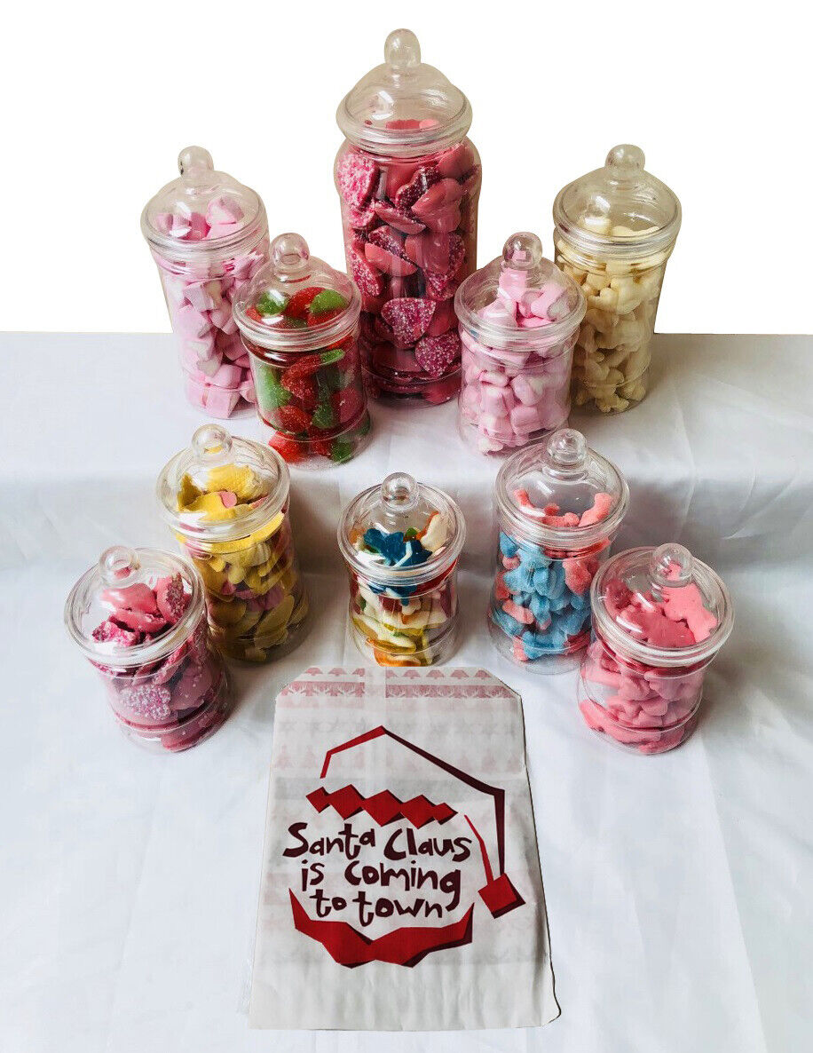 Christmas Candy Cart Buffet Party Sweet Jar Set - 10 Jars & 50 Santa Bags